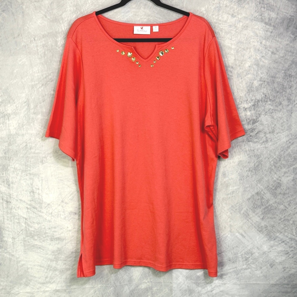 Quacker Factory Womens sz 2X Coral  Short Sleeve Gem‎ Embellished V-Neck Top
